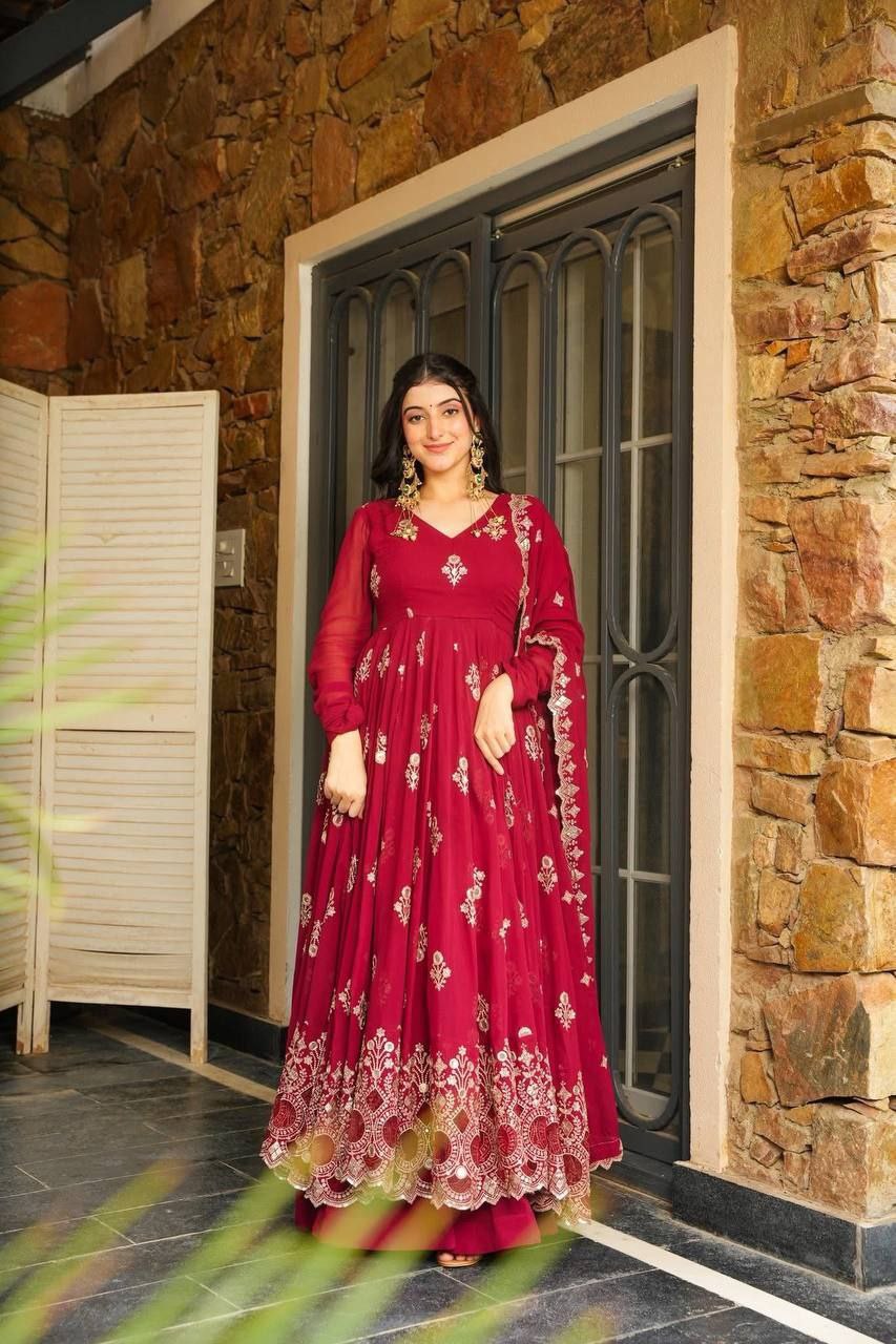 Glamour Embroidered Faux Georgette Gown Set with Dupatta | Elegant Partywear Collection