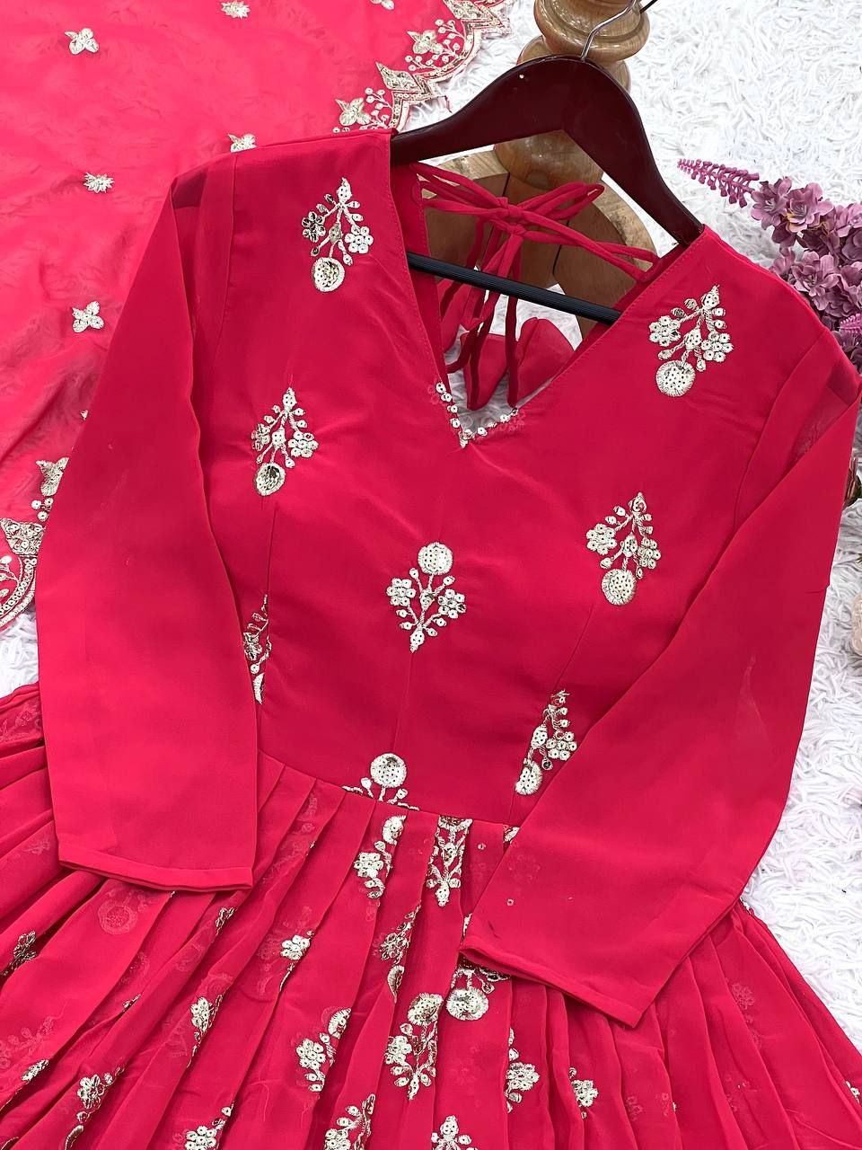 Glamour Embroidered Faux Georgette Gown Set with Dupatta | Elegant Partywear Collection