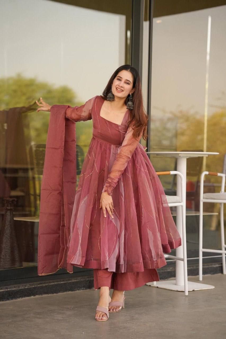 Salmon Pink Organza Gown Set with Foil Work & Dupatta