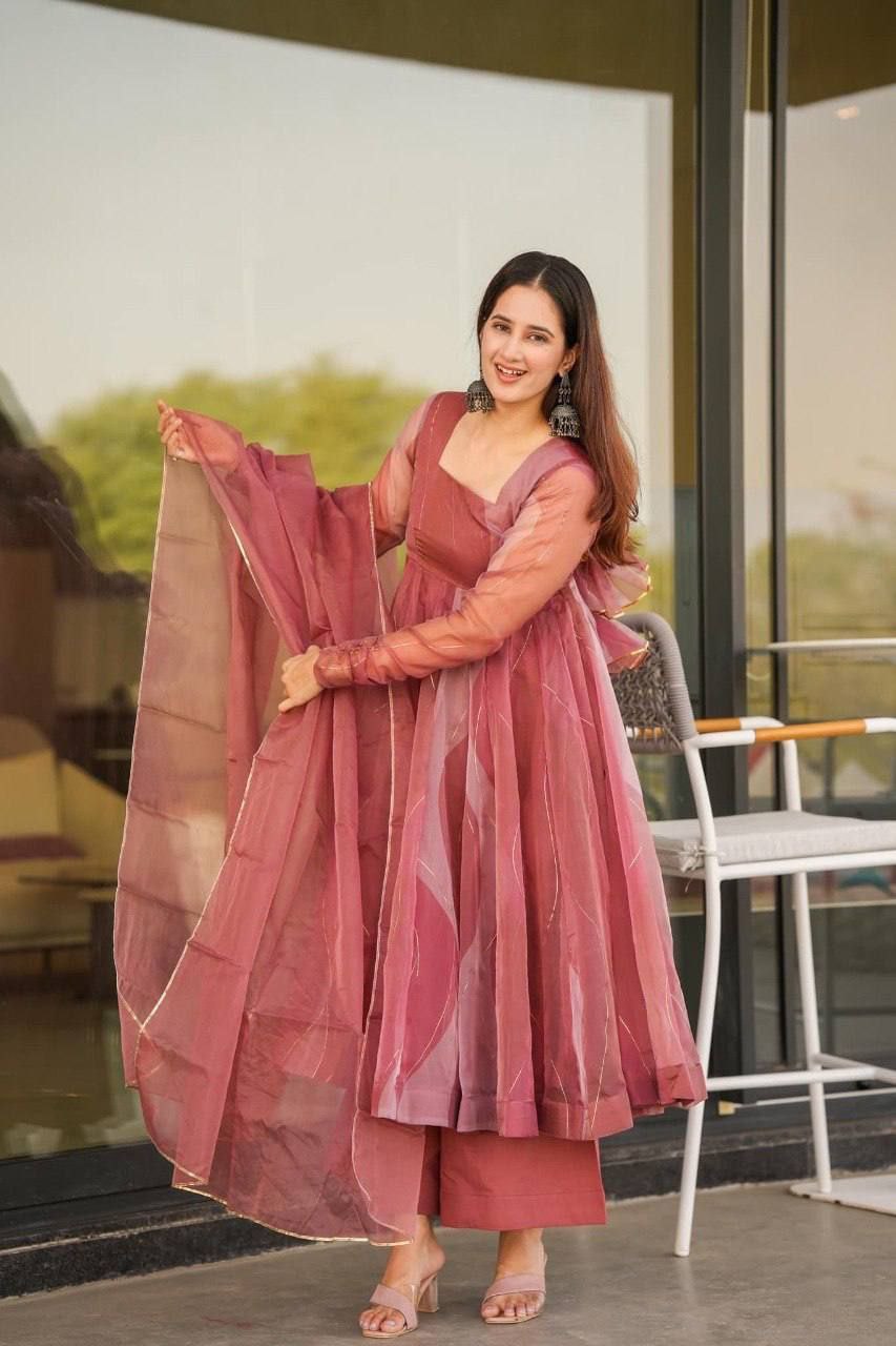 Salmon Pink Organza Gown Set with Foil Work & Dupatta