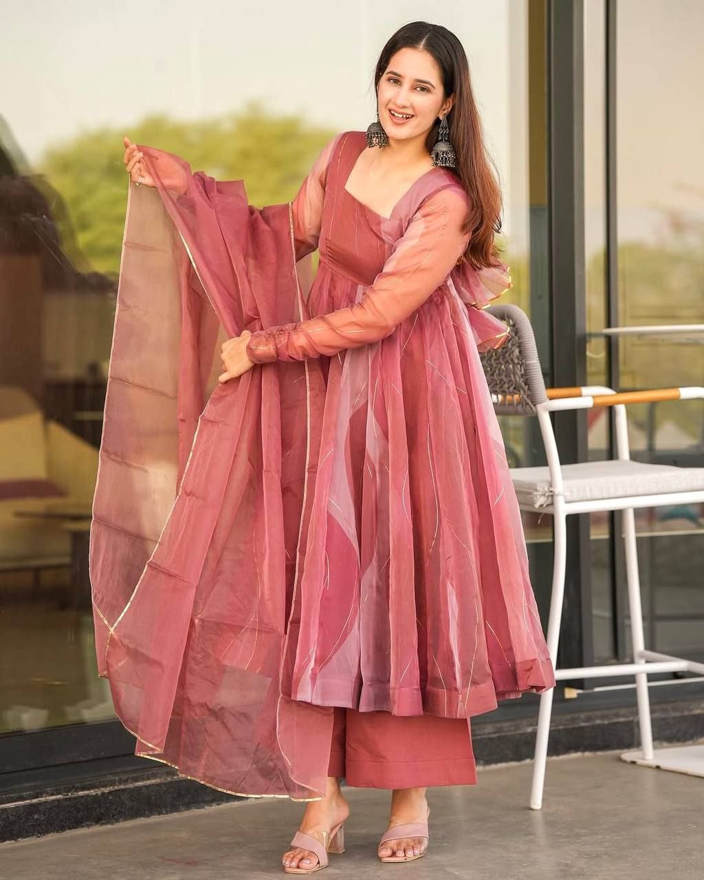 Salmon Pink Organza Gown Set with Foil Work & Dupatta