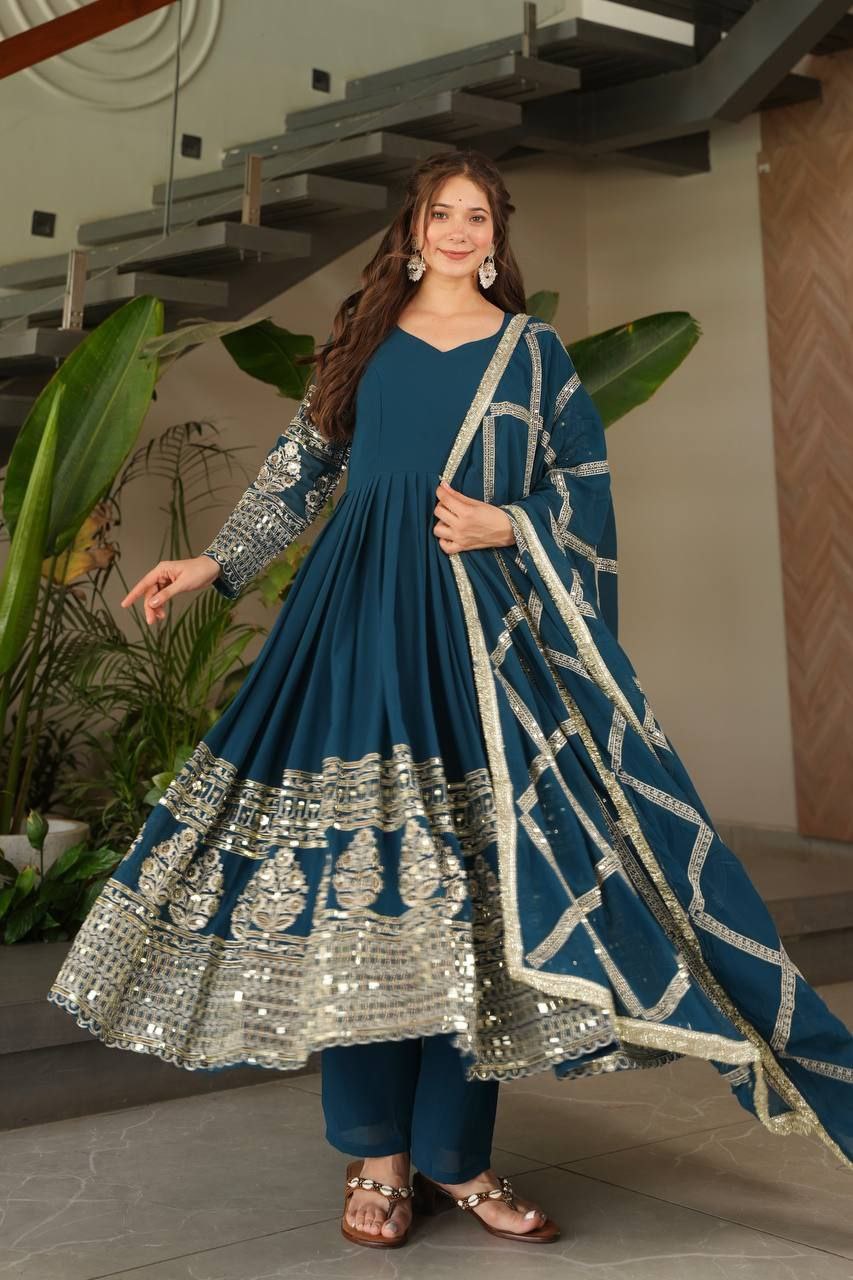 Fox Georgette Embroidered Gown Set with Dupatta | Ready to Wear