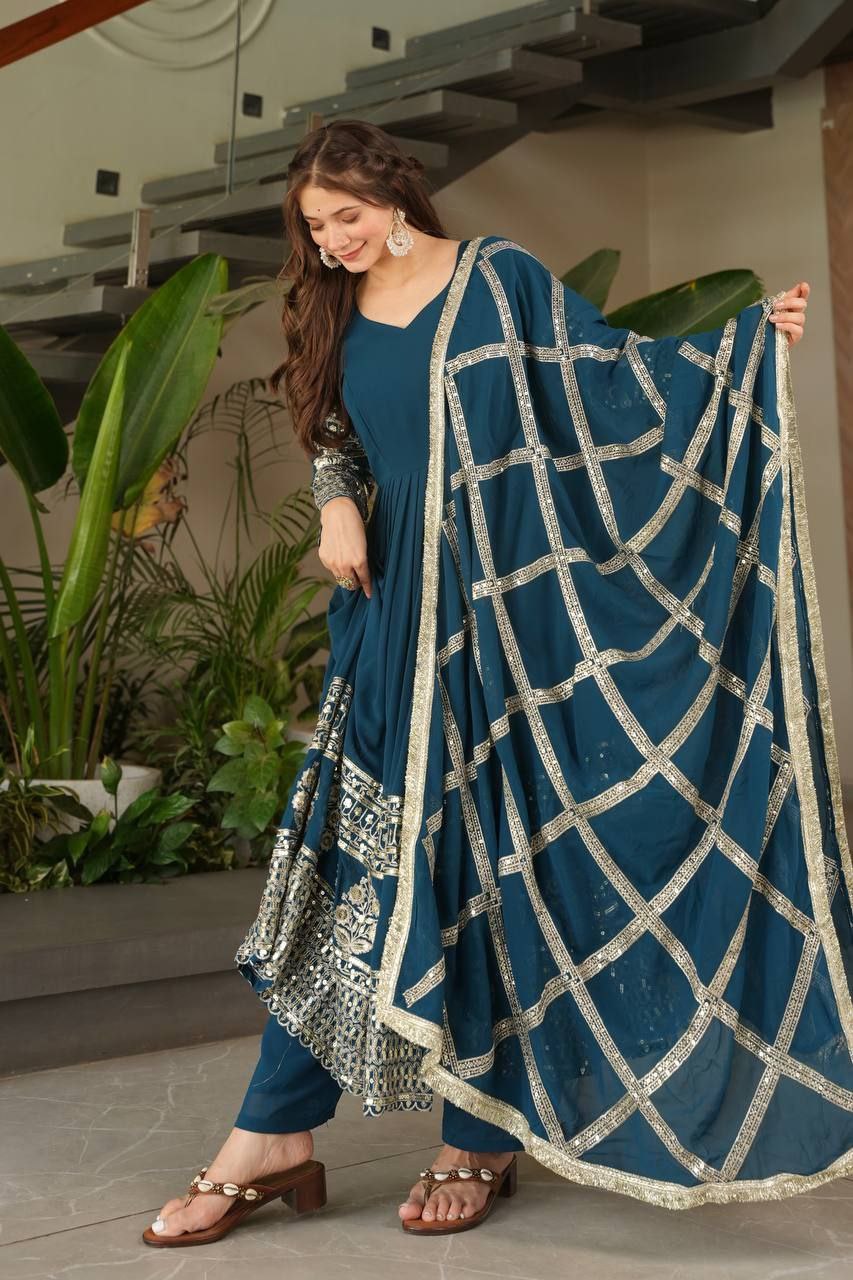 Fox Georgette Embroidered Gown Set with Dupatta | Ready to Wear