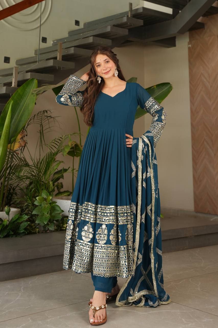 Fox Georgette Embroidered Gown Set with Dupatta | Ready to Wear