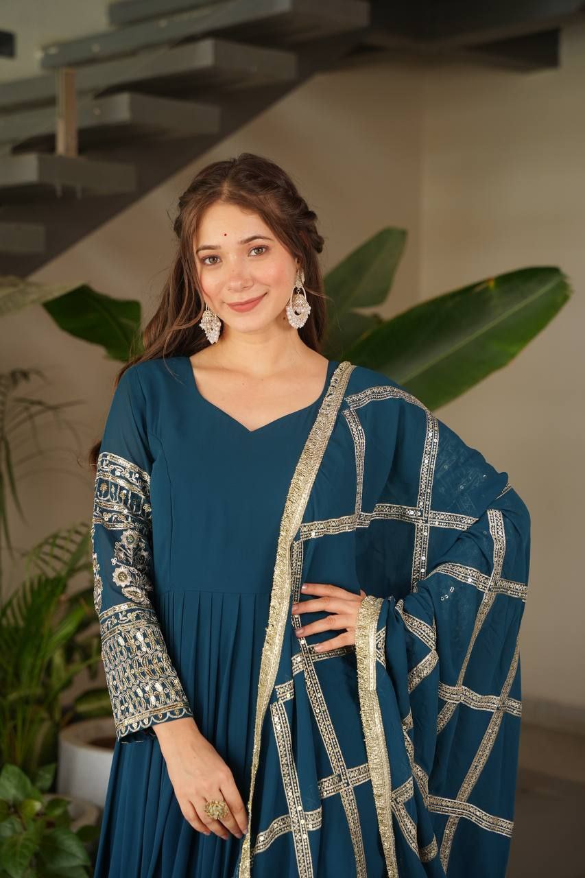 Fox Georgette Embroidered Gown Set with Dupatta | Ready to Wear