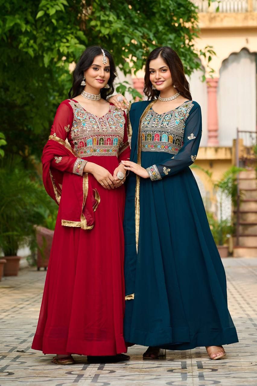 Elegant Embroidered Faux Blooming Gown with Zari Lace Dupatta | Party & Festive Wear