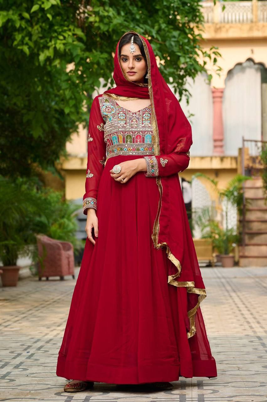 Elegant Embroidered Faux Blooming Gown with Zari Lace Dupatta | Party & Festive Wear
