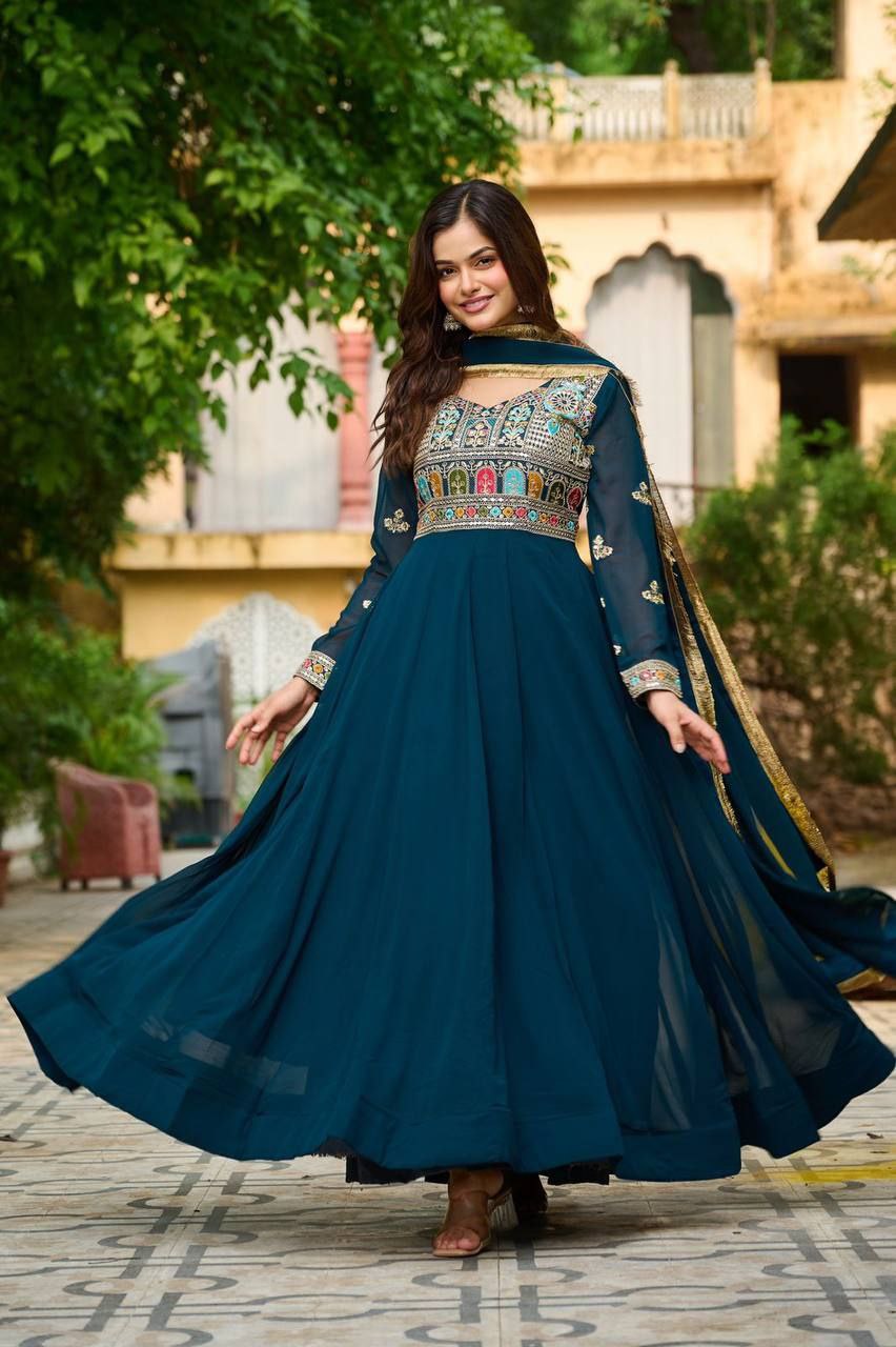 Elegant Embroidered Faux Blooming Gown with Zari Lace Dupatta | Party & Festive Wear