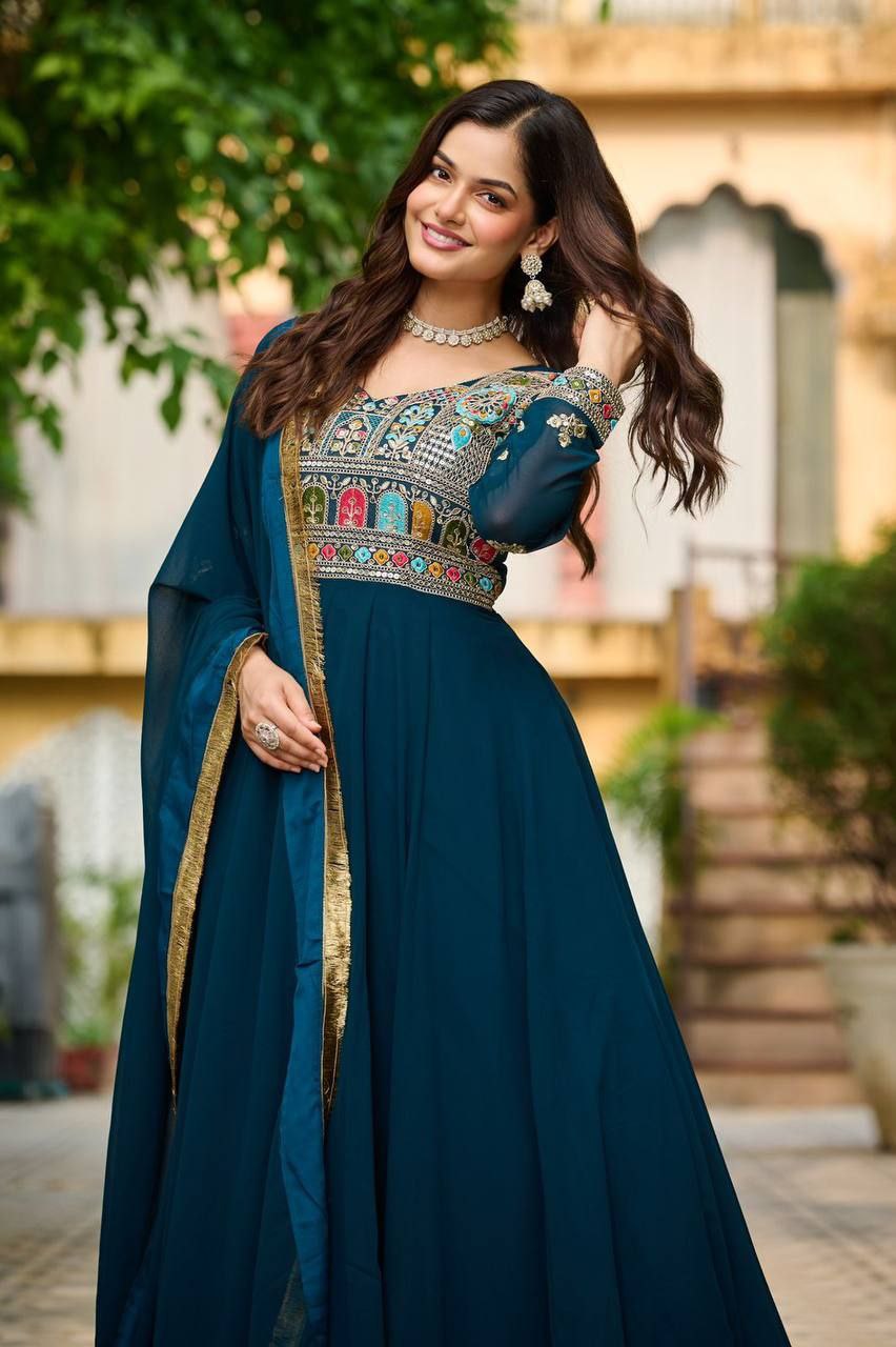 Elegant Embroidered Faux Blooming Gown with Zari Lace Dupatta | Party & Festive Wear
