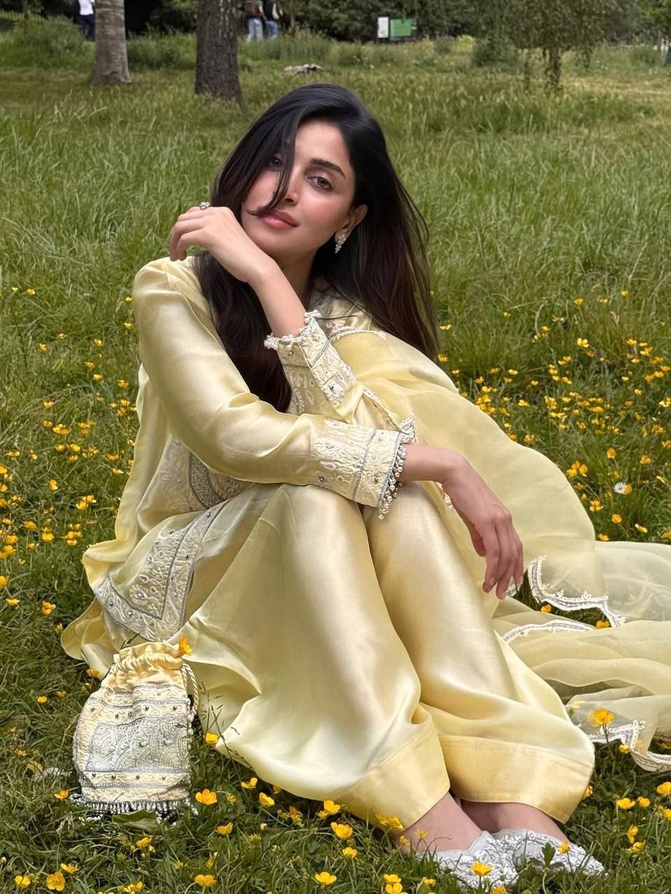 Designer Pearl Motif Partywear Silk Suit Set with Dupatta
