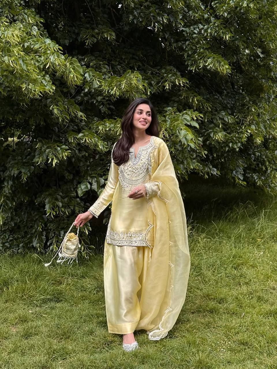 Designer Pearl Motif Partywear Silk Suit Set with Dupatta
