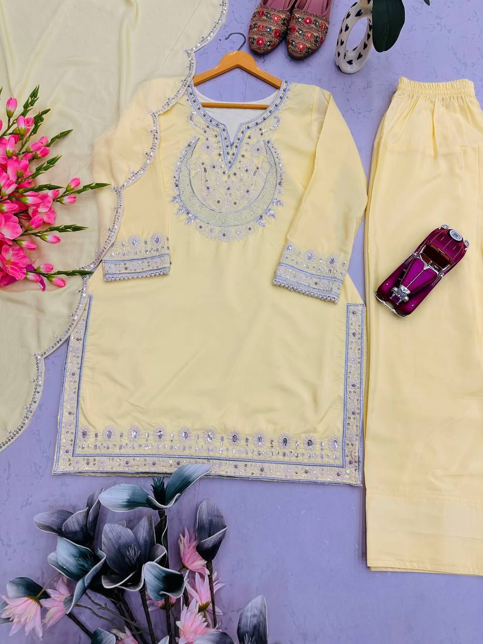 Designer Pearl Motif Partywear Silk Suit Set with Dupatta