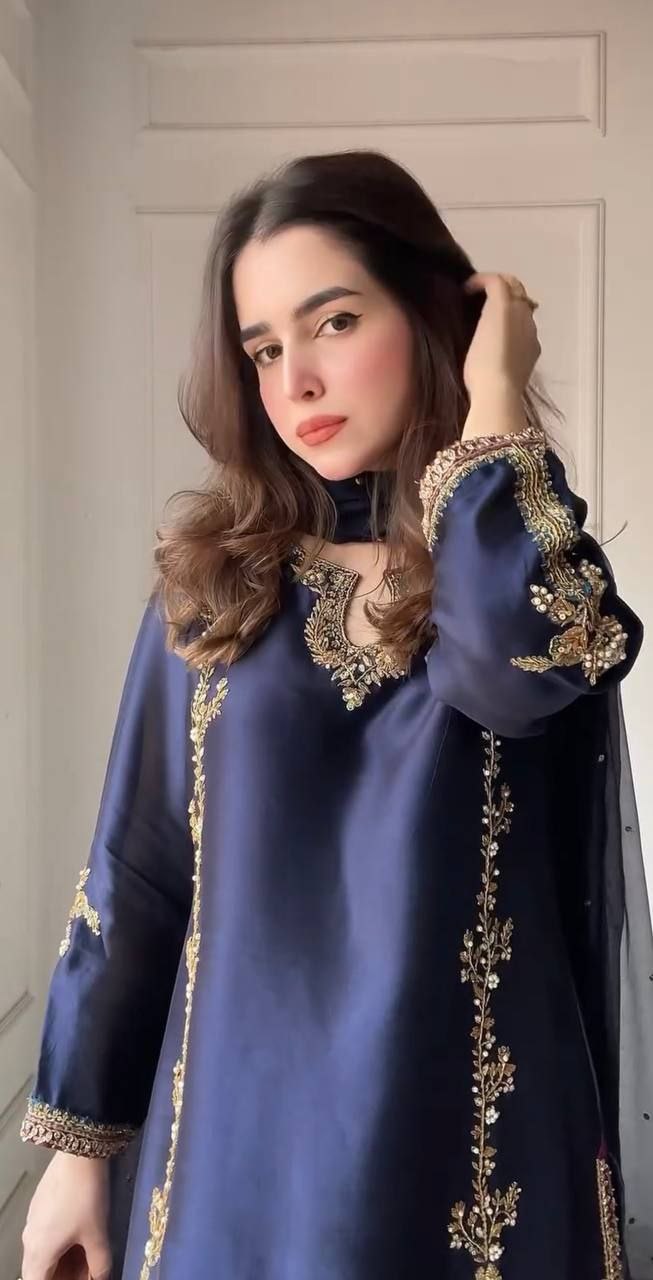 Designer Pearl Motif Partywear Silk Suit Set with Dupatta