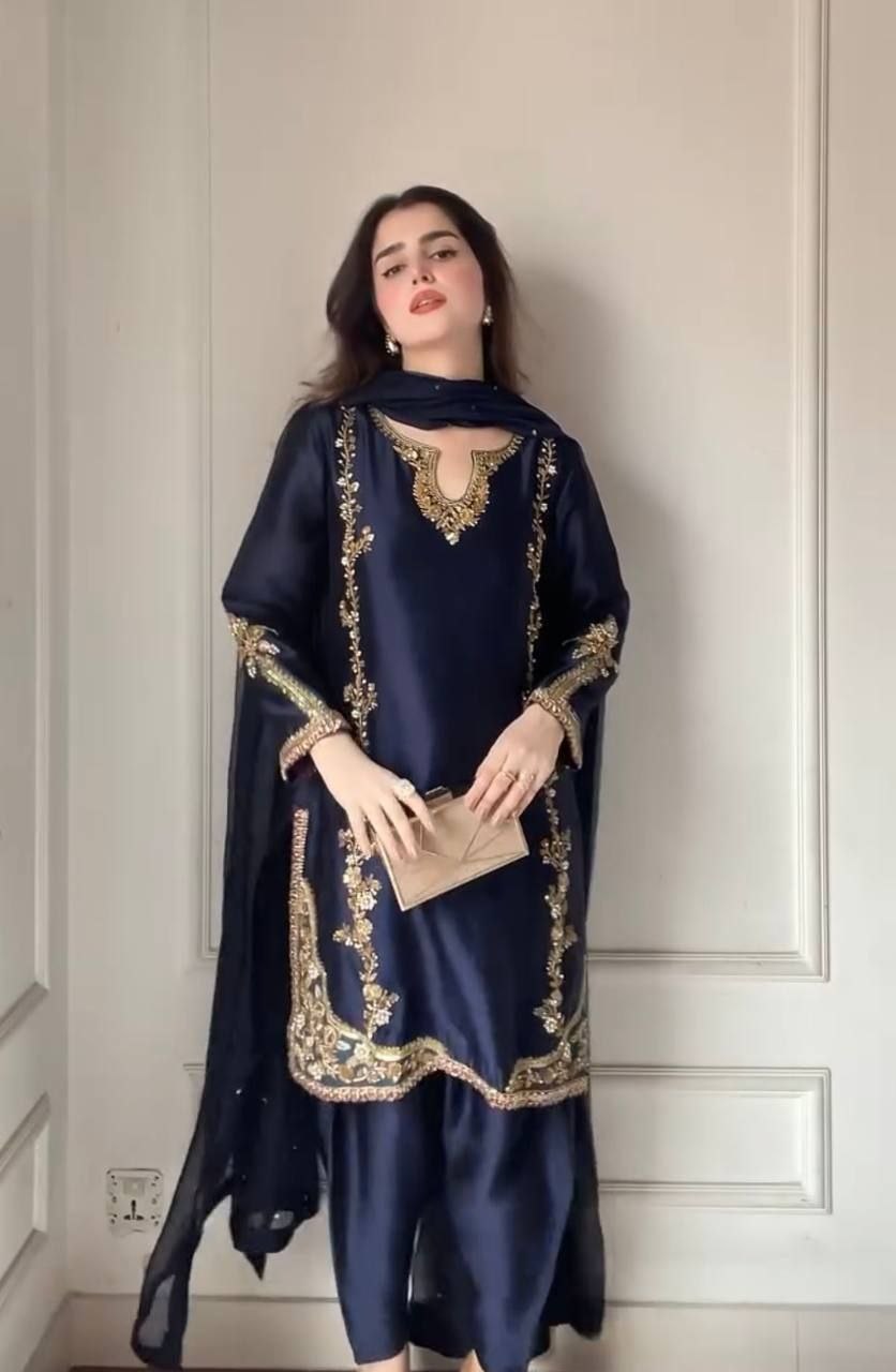 Designer Pearl Motif Partywear Silk Suit Set with Dupatta