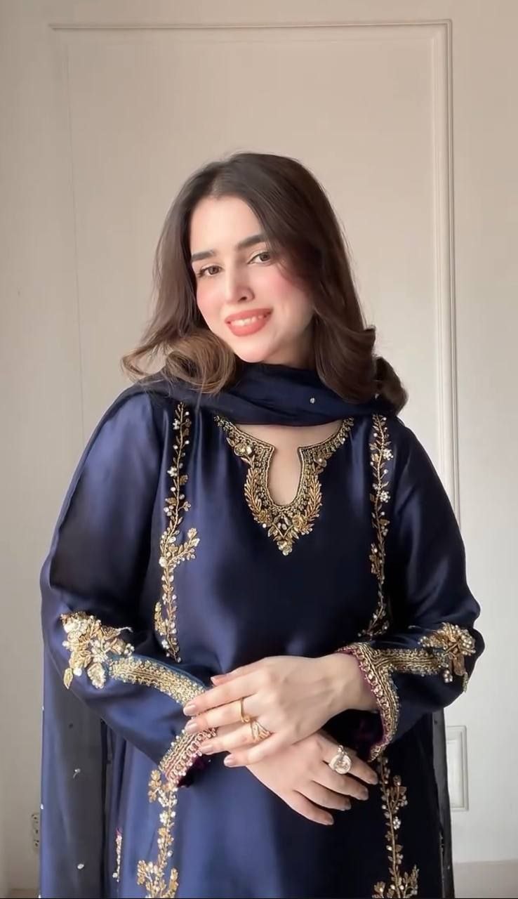 Designer Pearl Motif Partywear Silk Suit Set with Dupatta