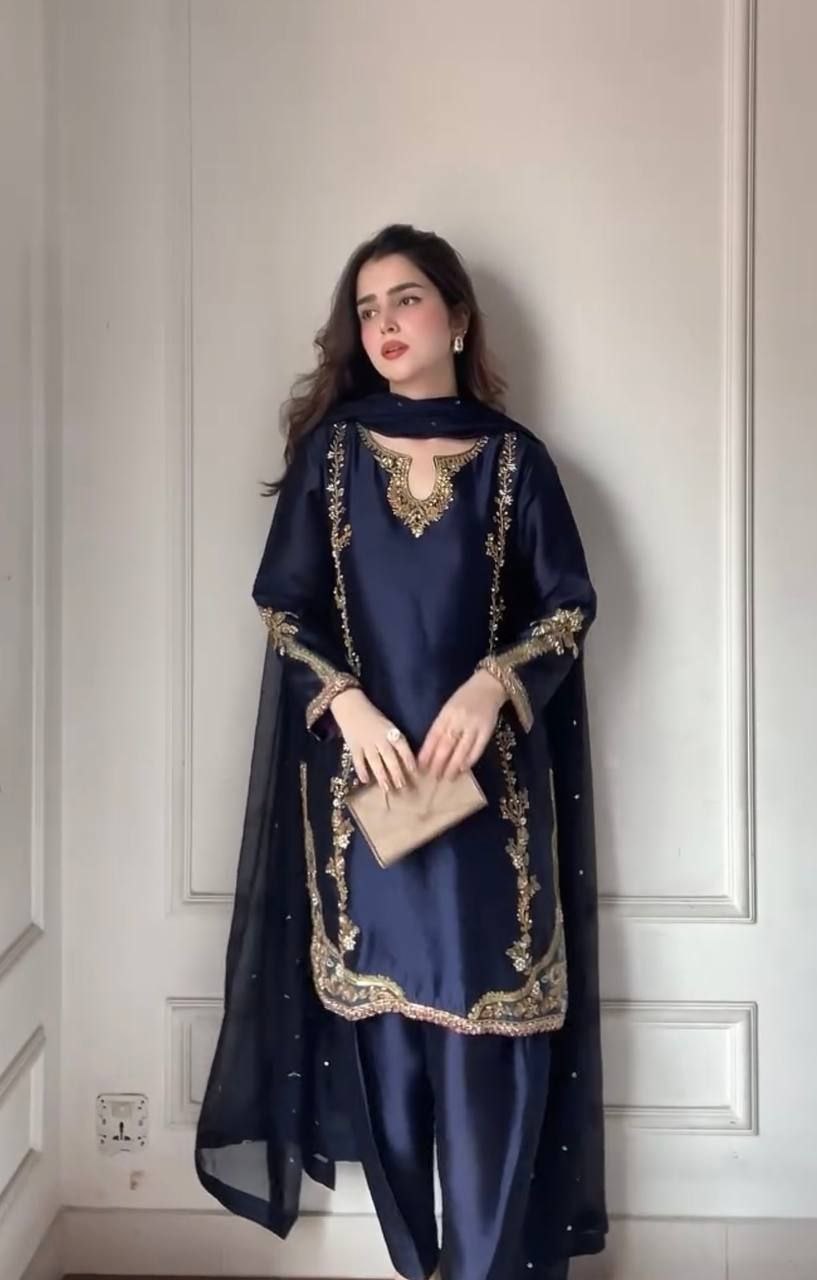 Designer Pearl Motif Partywear Silk Suit Set with Dupatta