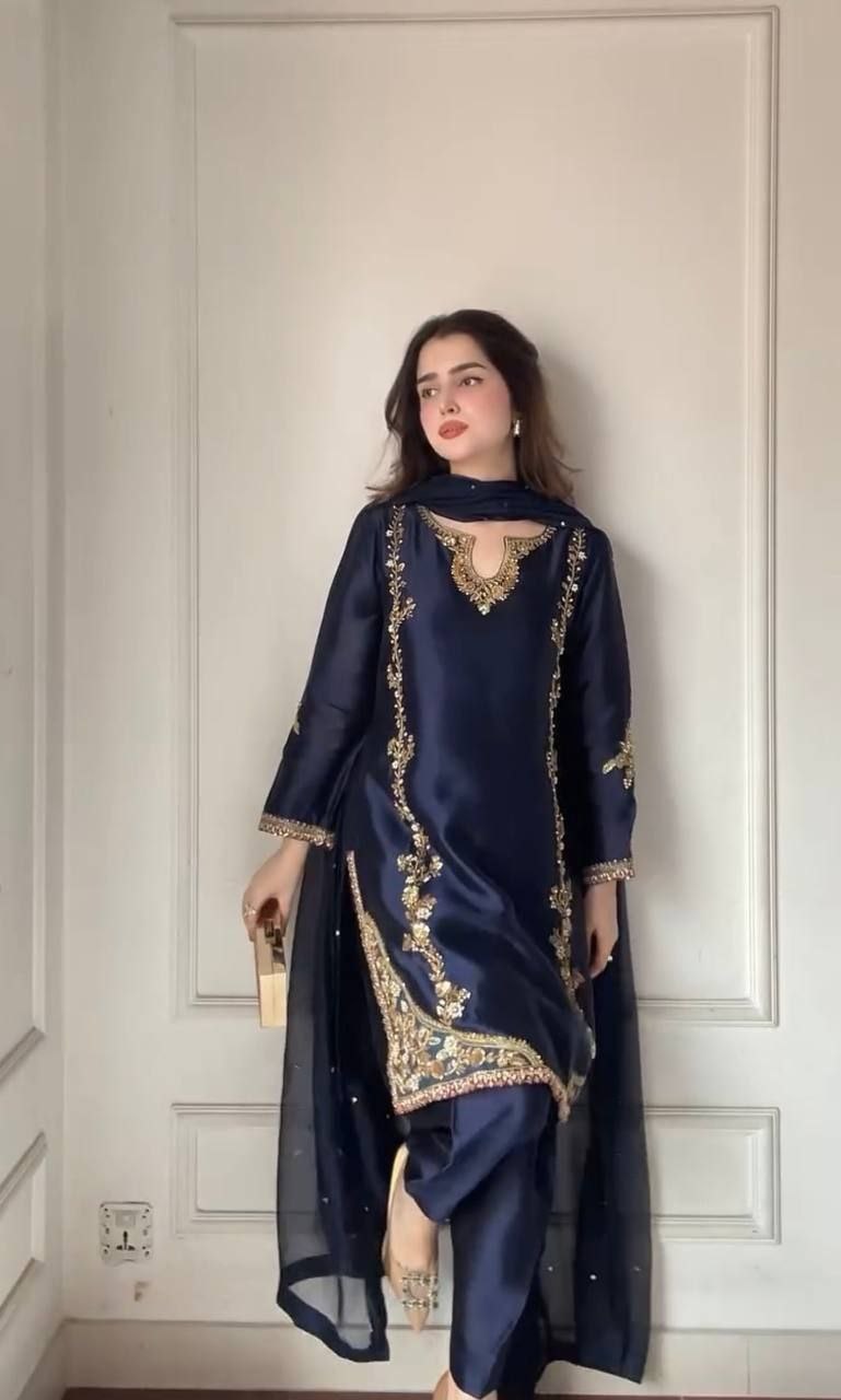 Designer Pearl Motif Partywear Silk Suit Set with Dupatta