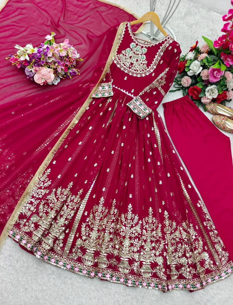 Embroidered Georgette Gown Set with Dupatta & Bottom | Heavy Sequence Work