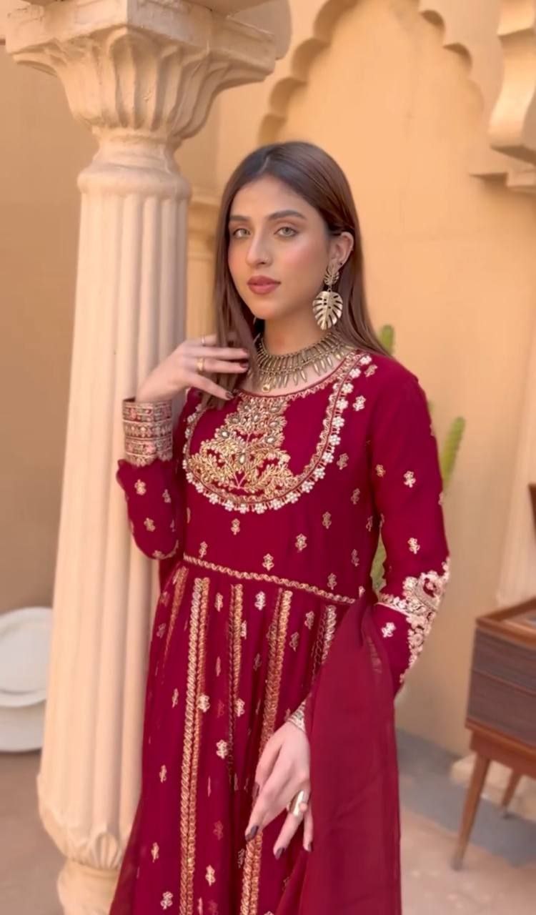 Embroidered Georgette Gown Set with Dupatta & Bottom | Heavy Sequence Work