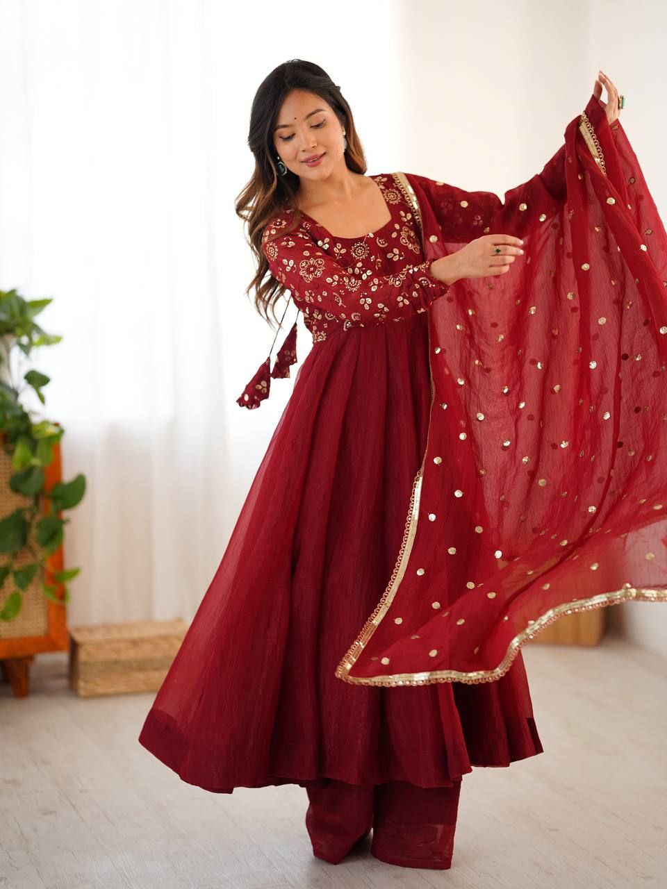 Crunchy Silk Embroidered Gown Set with Dupatta | 4 Meter Flair Elegance