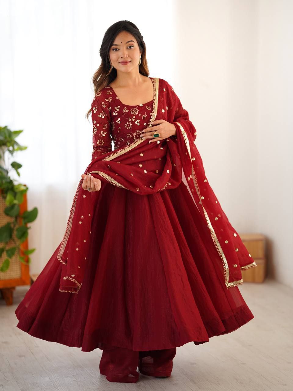 Crunchy Silk Embroidered Gown Set with Dupatta | 4 Meter Flair Elegance