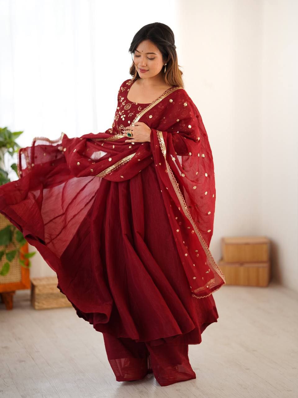 Crunchy Silk Embroidered Gown Set with Dupatta | 4 Meter Flair Elegance