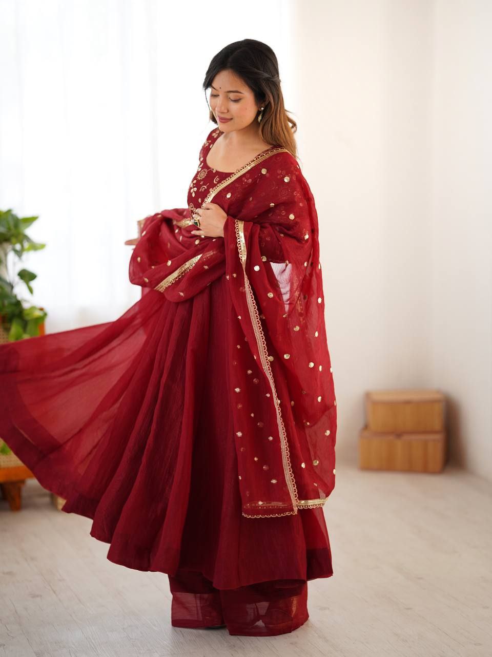 Crunchy Silk Embroidered Gown Set with Dupatta | 4 Meter Flair Elegance