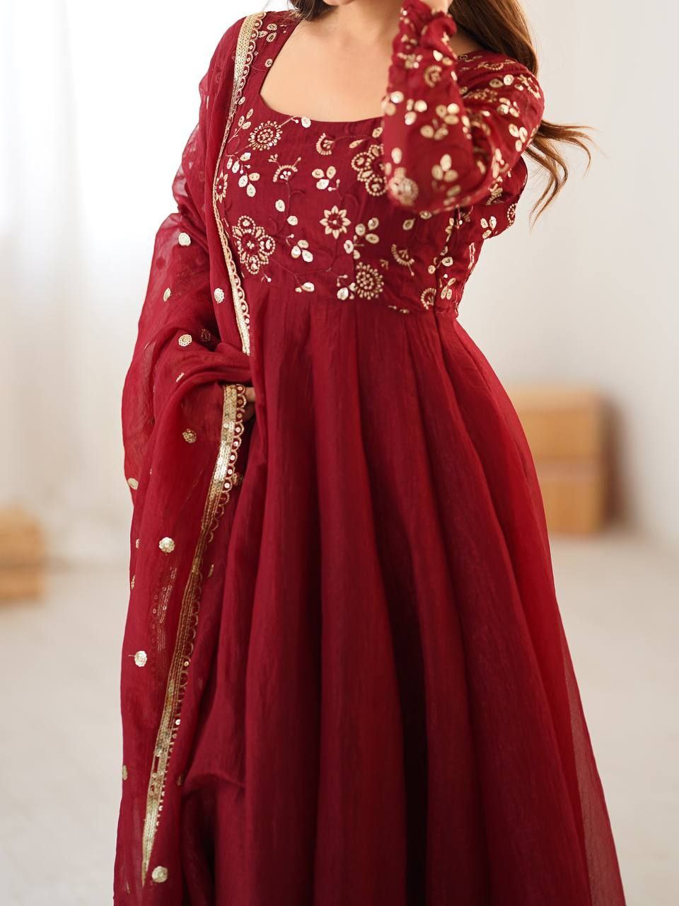 Crunchy Silk Embroidered Gown Set with Dupatta | 4 Meter Flair Elegance