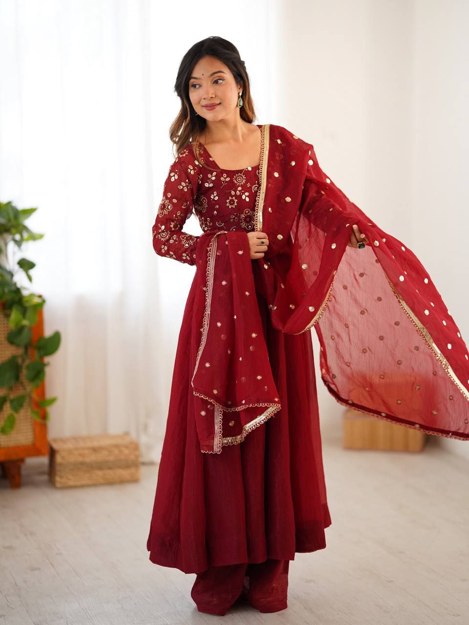 Crunchy Silk Embroidered Gown Set with Dupatta | 4 Meter Flair Elegance