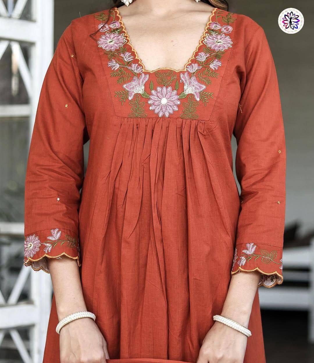 Embroidered Soft Reyon Slub Suit Set with Cotton Chanderi Dupatta