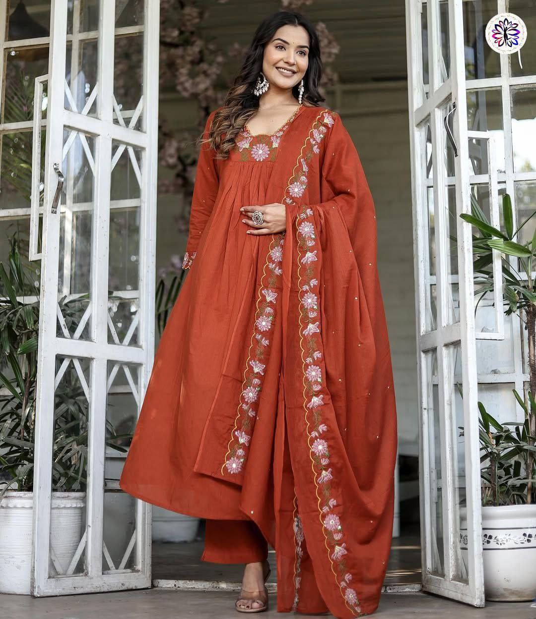 Embroidered Soft Reyon Slub Suit Set with Cotton Chanderi Dupatta