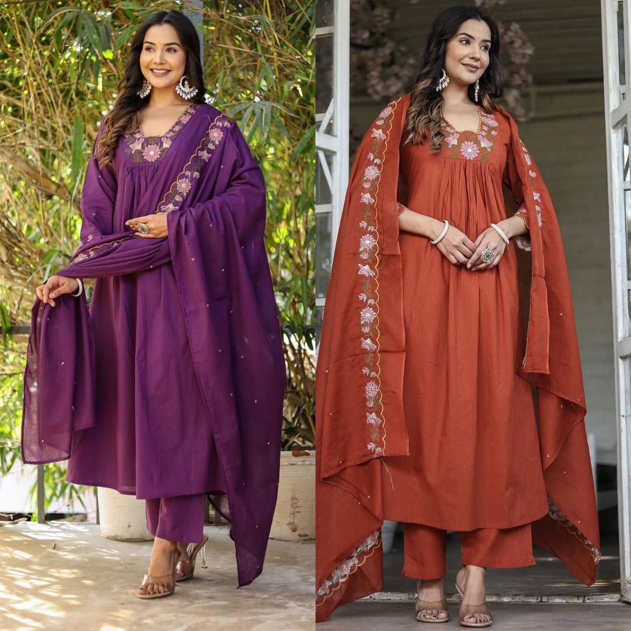 Embroidered Soft Reyon Slub Suit Set with Cotton Chanderi Dupatta