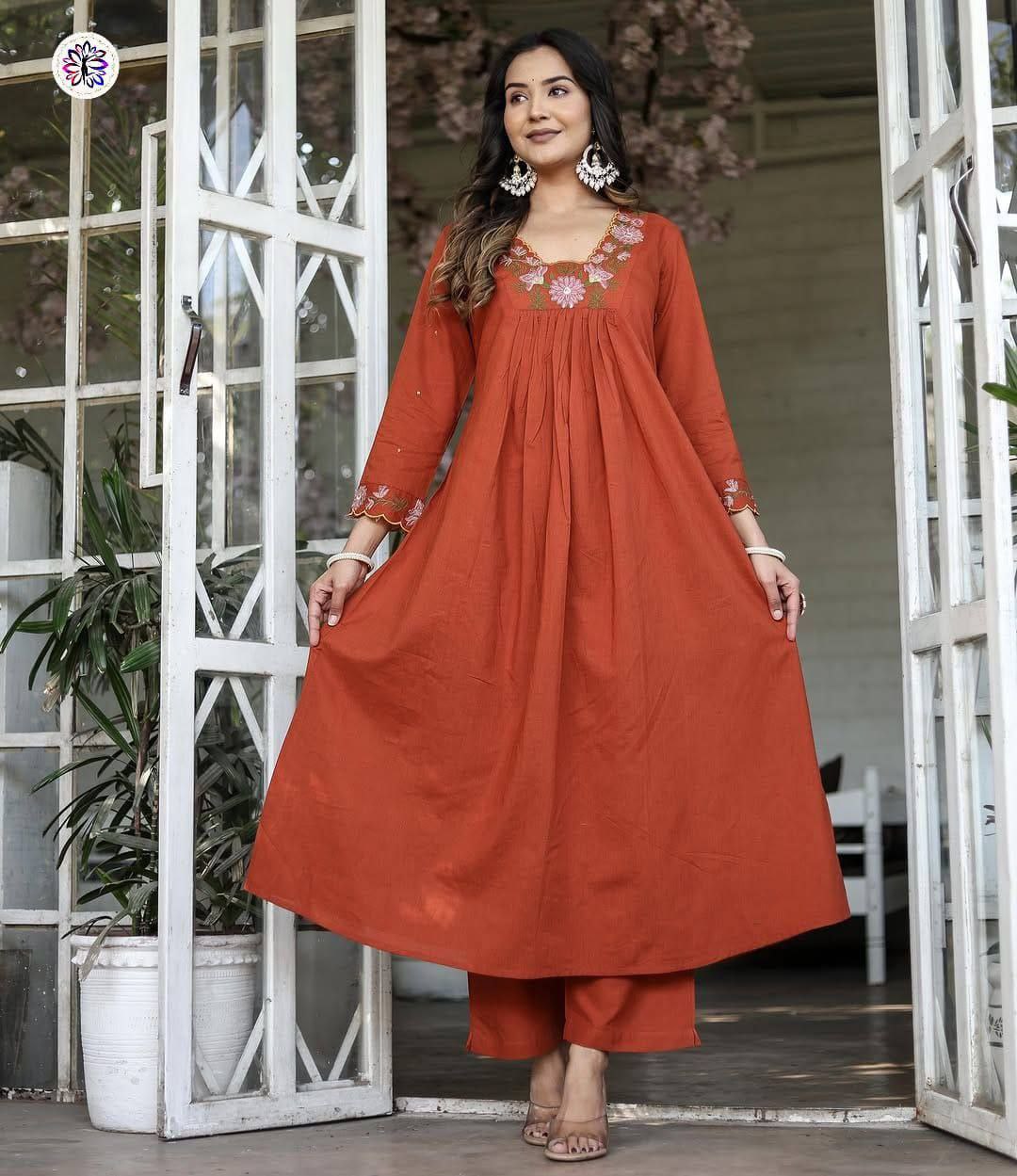 Embroidered Soft Reyon Slub Suit Set with Cotton Chanderi Dupatta