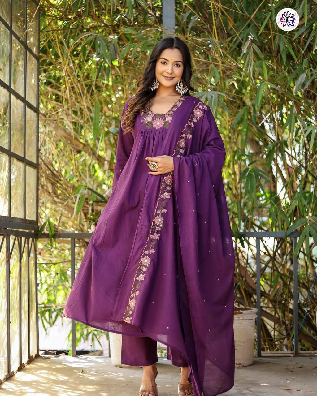 Embroidered Soft Reyon Slub Suit Set with Cotton Chanderi Dupatta
