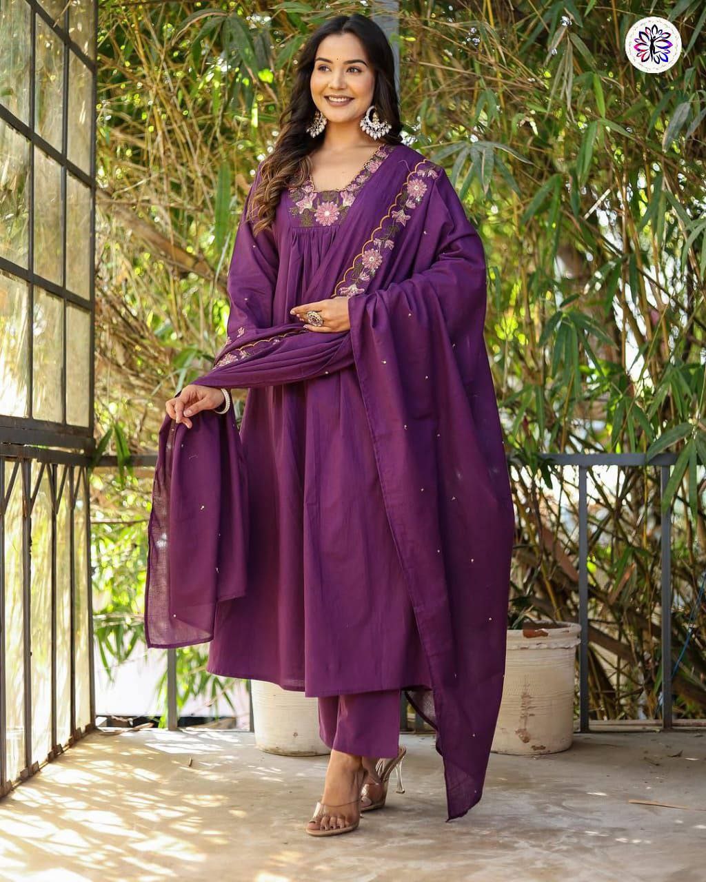 Embroidered Soft Reyon Slub Suit Set with Cotton Chanderi Dupatta