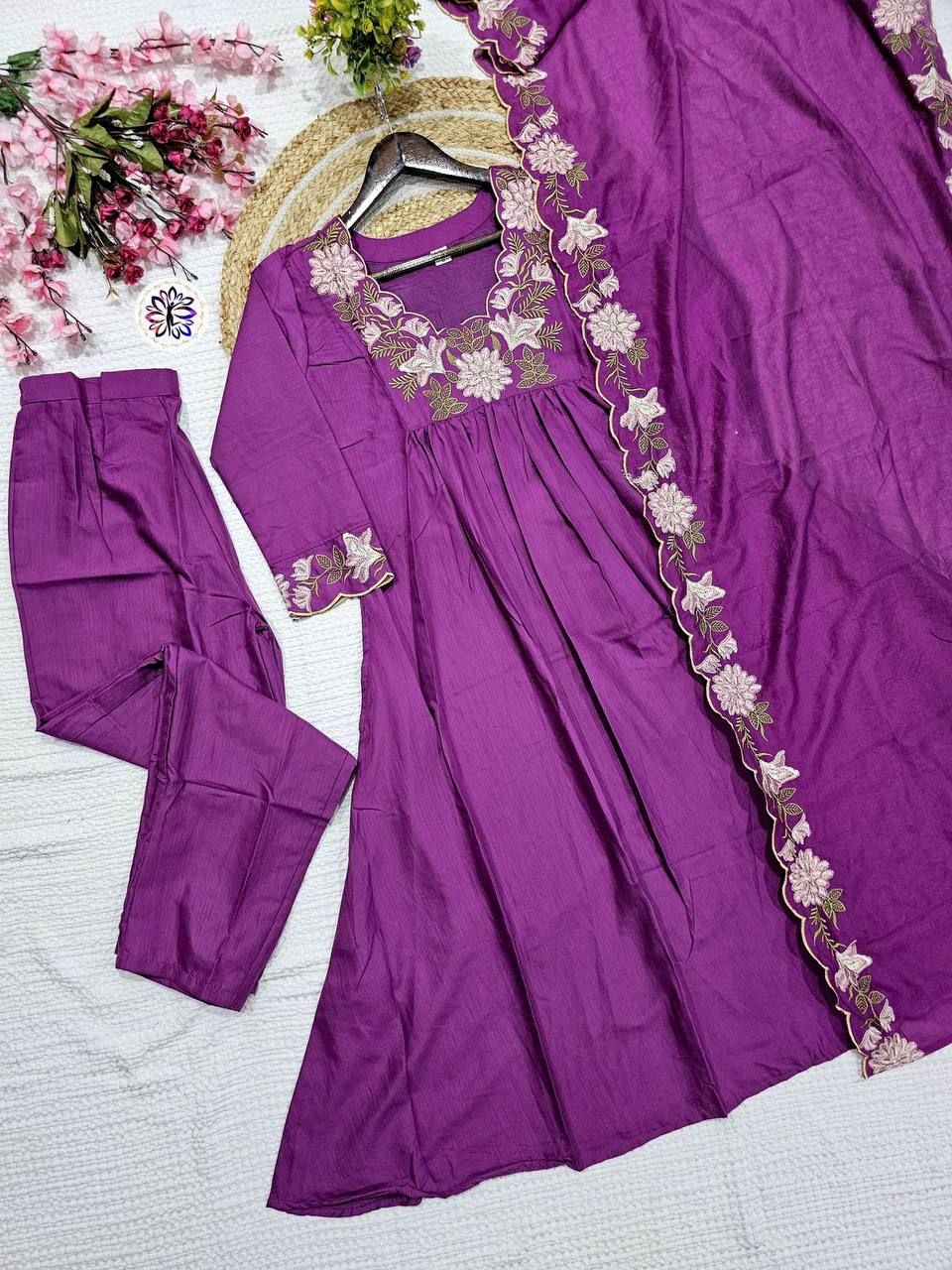 Embroidered Soft Reyon Slub Suit Set with Cotton Chanderi Dupatta