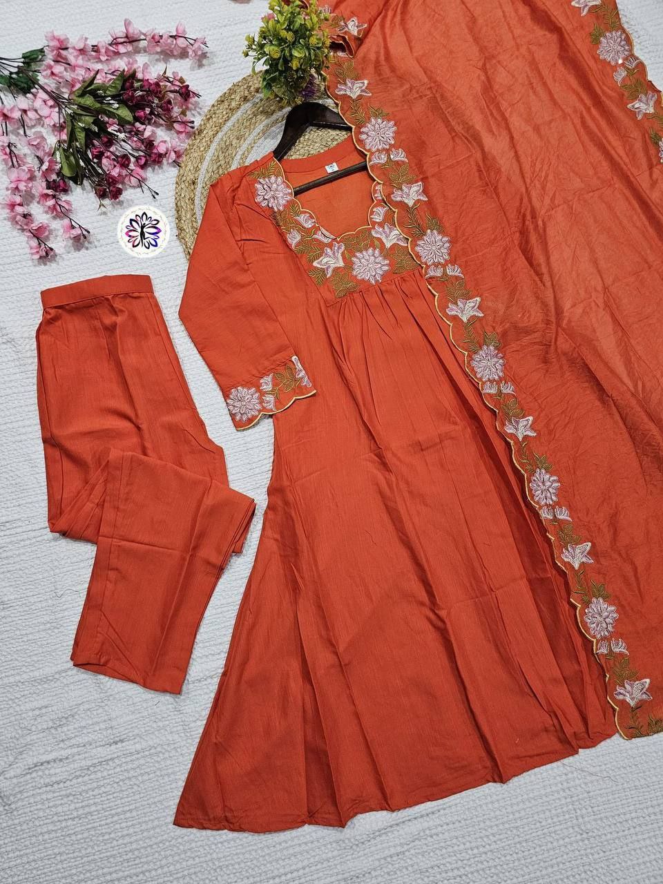 Embroidered Soft Reyon Slub Suit Set with Cotton Chanderi Dupatta