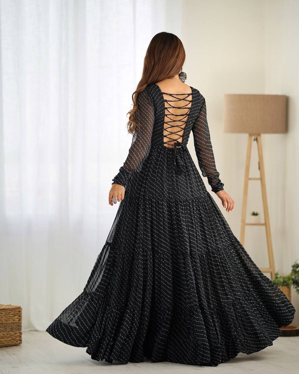 Laheriya Print Fox Georgette Anarkali Gown With Gamthi Work & 7-Meter Flair