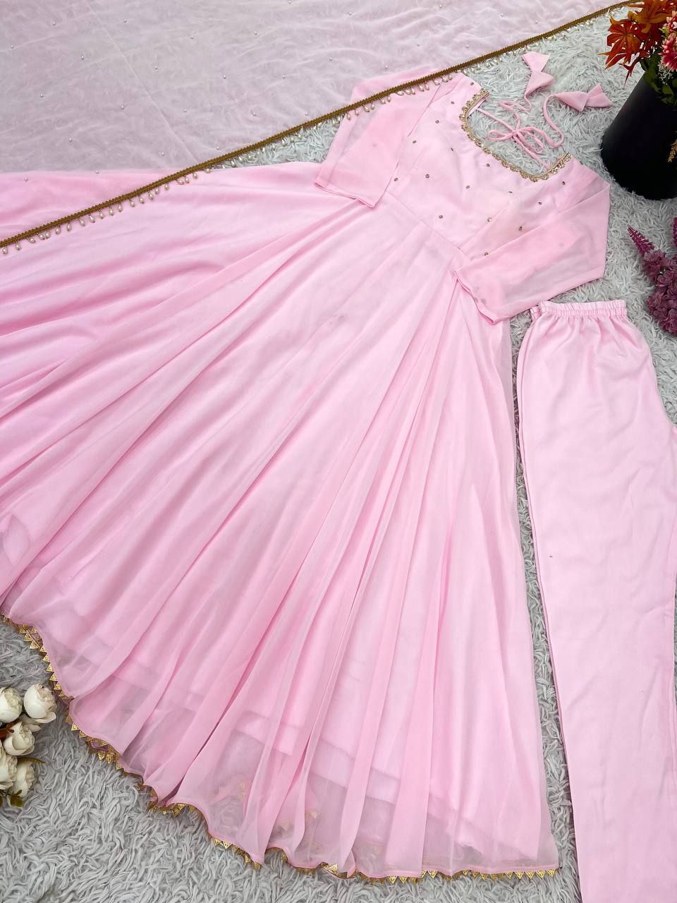 Elegant Faux Georgette Embroidered Suit Set With Fancy Dupatta