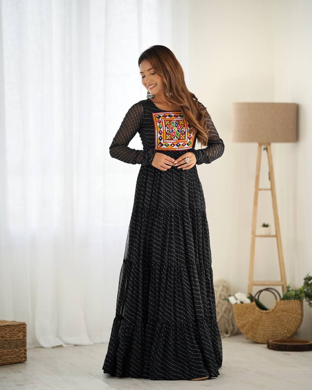 Laheriya Print Fox Georgette Anarkali Gown With Gamthi Work & 7-Meter Flair