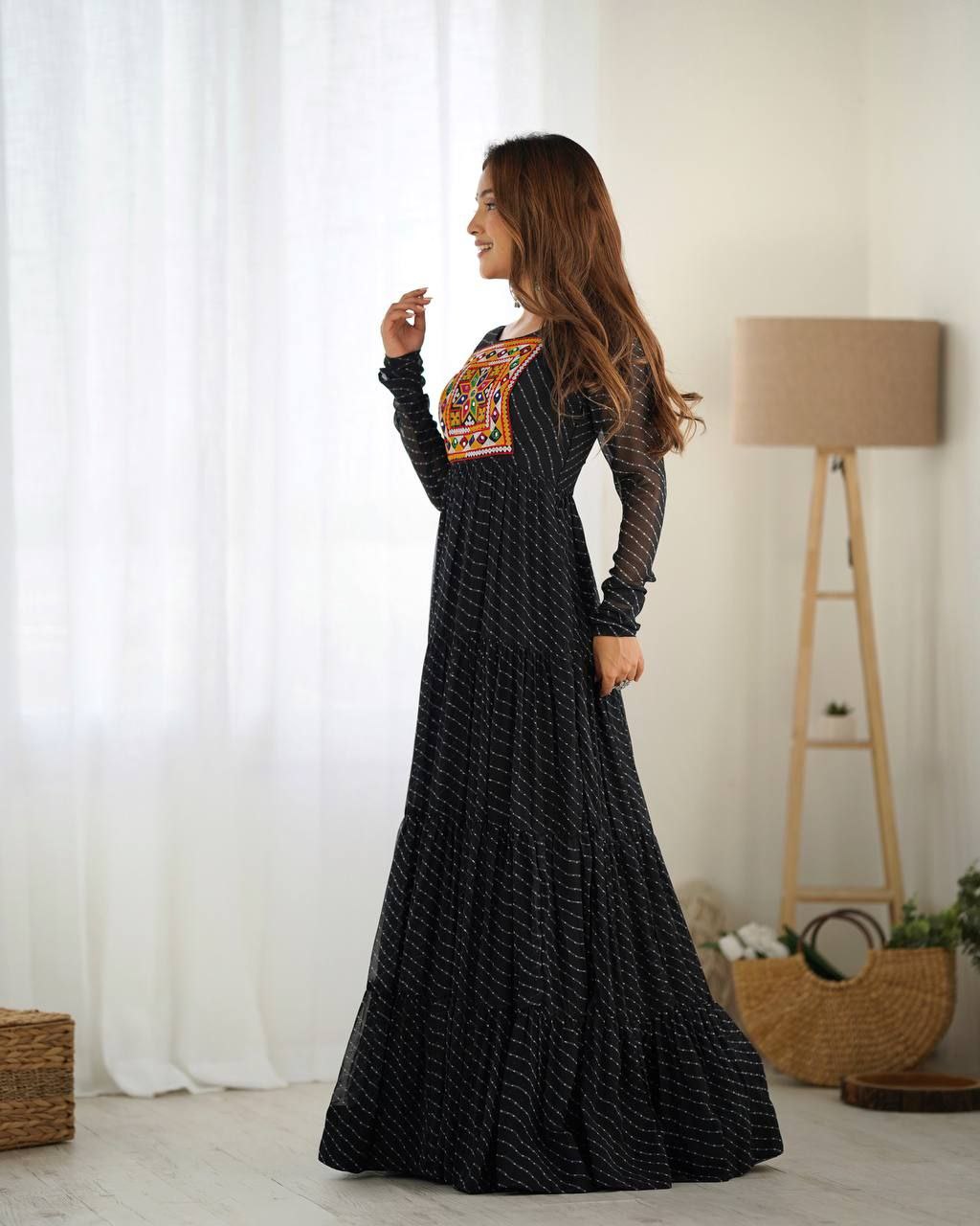 Laheriya Print Fox Georgette Anarkali Gown With Gamthi Work & 7-Meter Flair