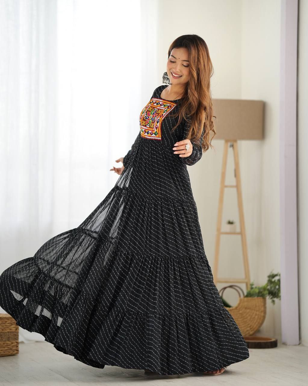 Laheriya Print Fox Georgette Anarkali Gown With Gamthi Work & 7-Meter Flair