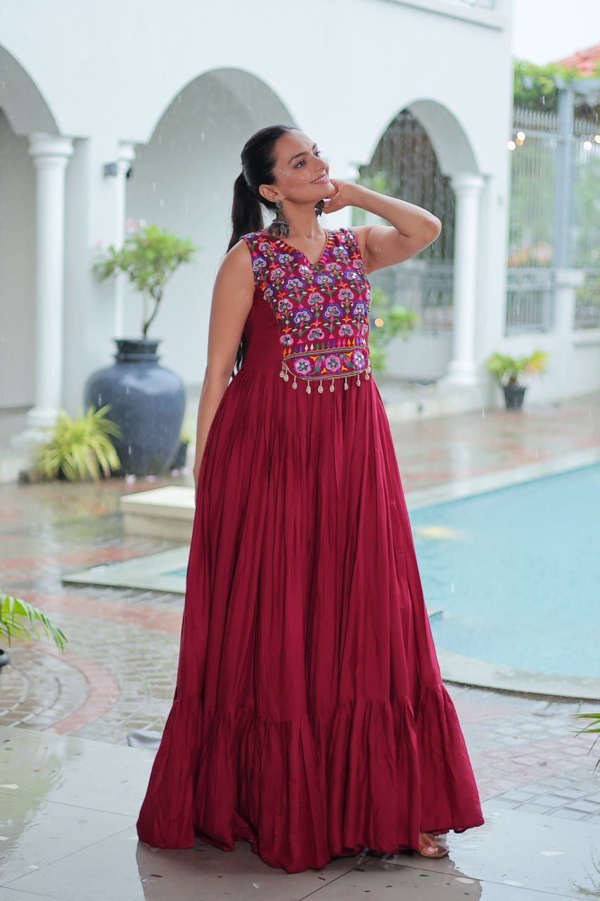 Maroon Rayon Kutchi Gamthi Mirror Work Embroidered Sleeveless Gown