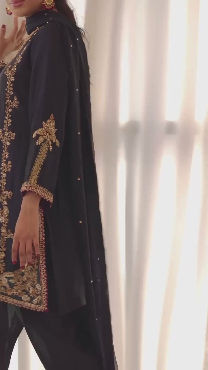 Load video: Designer Pearl Motif Partywear Silk Suit Set with Dupatta