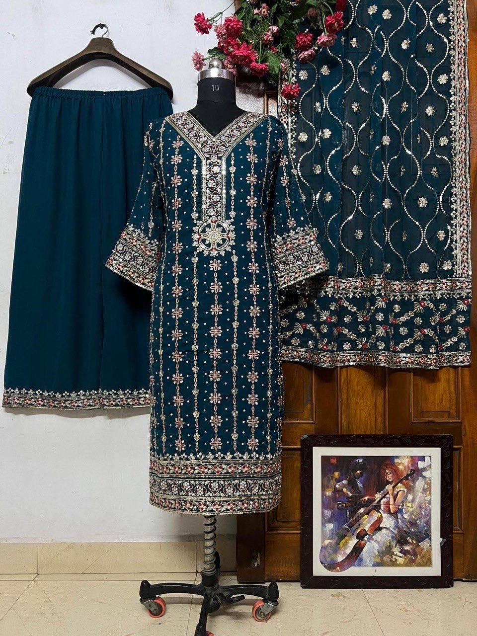 Embroidered Georgette Kurta Set with Sequins & Diamond Work