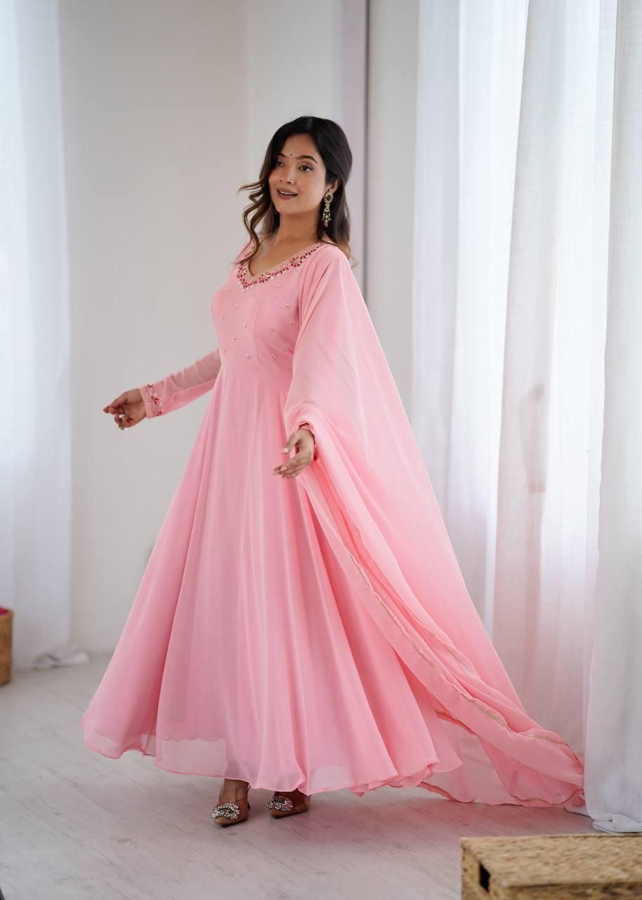 Elegant Handwork Fox Georgette Party Gown Set with Dupatta