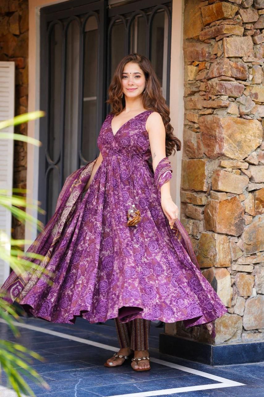 Elegant Digital Printed Cotton Anarkali Suit with Dupatta