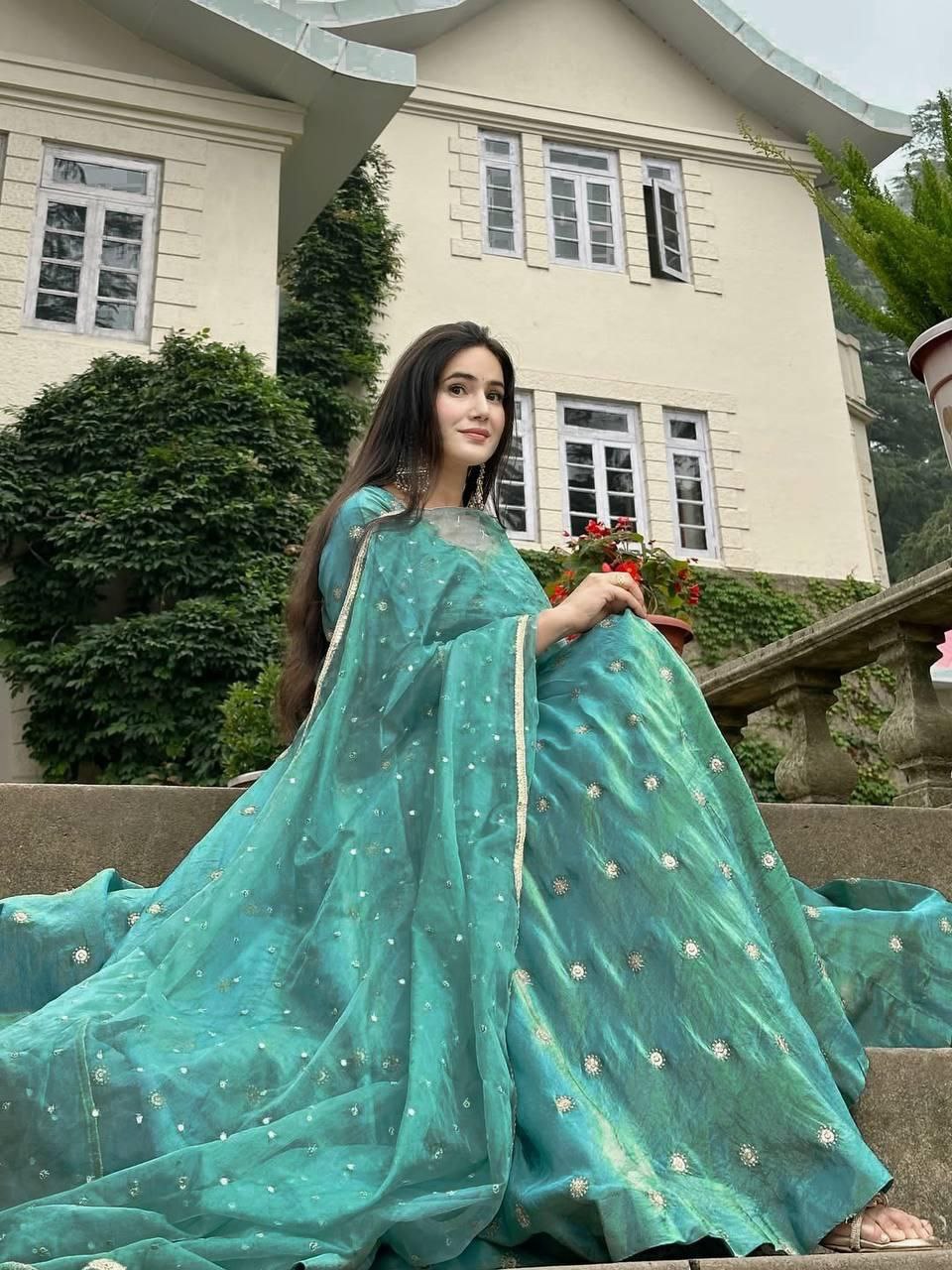 Designer Embroidered Simmar Silk Anarkali Set With Sequins