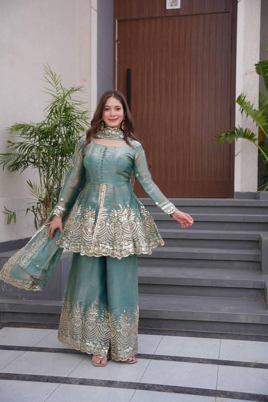 Designer Real Mirror Embroidered Gown Sharara Set