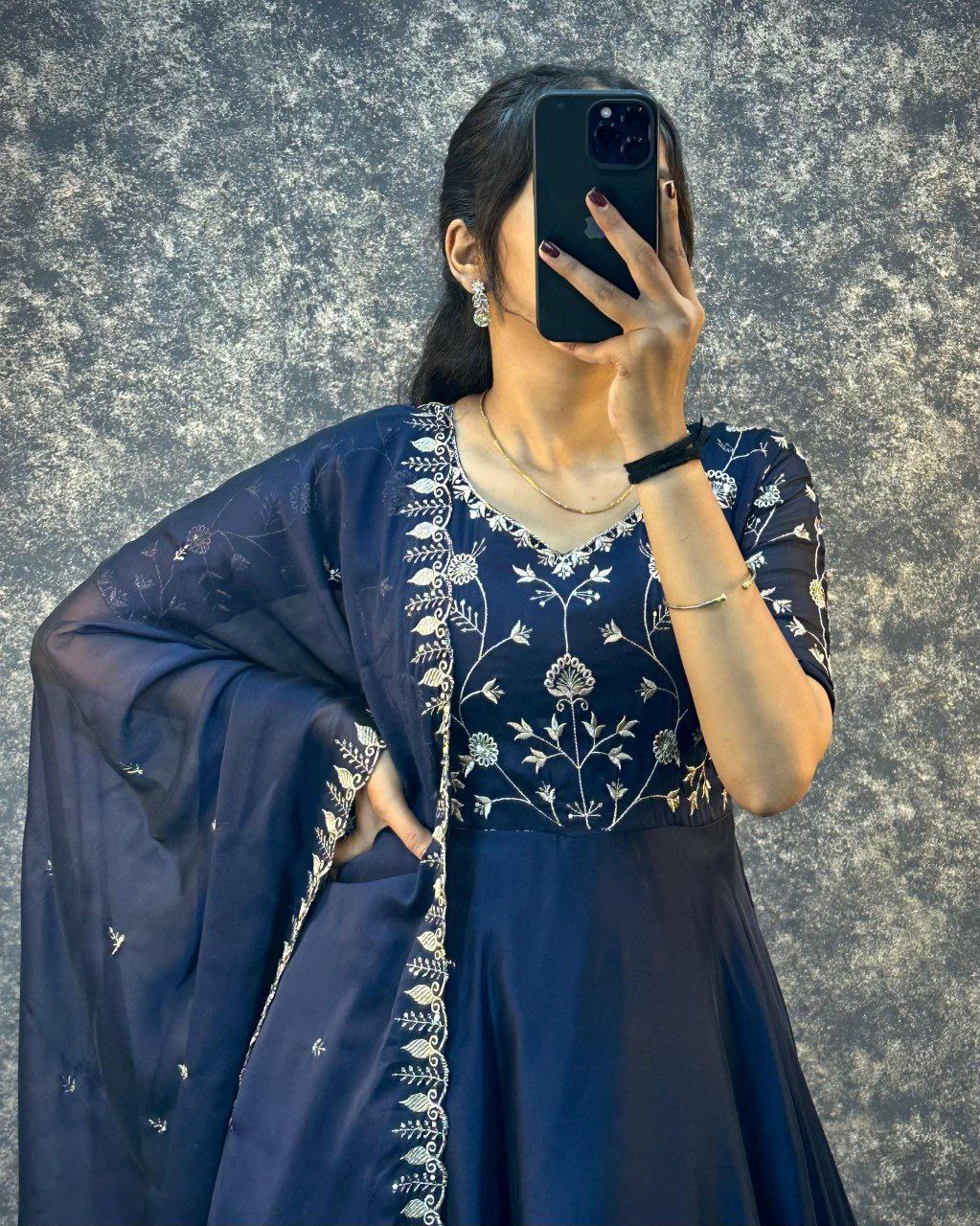 Elegant Silk Embroidered Gown with Cutwork Dupatta | Sizes S–3XL | Premium Quality